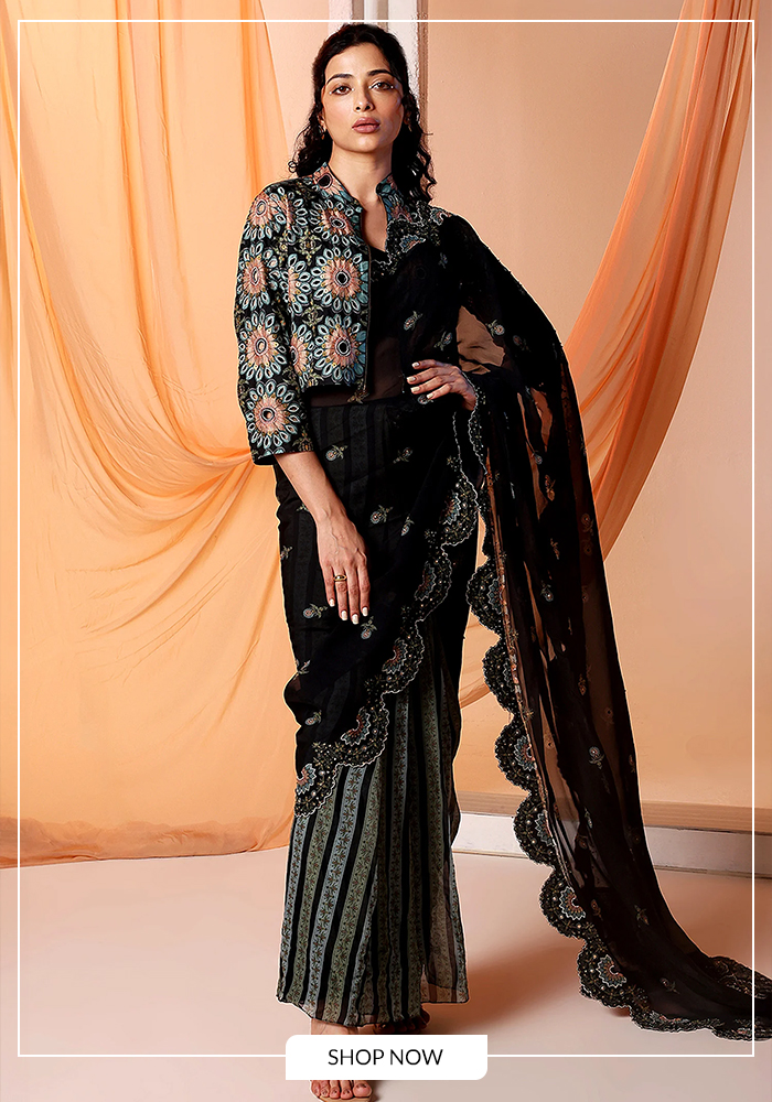 Soup by Sougat Paul black pre-draped jacket saree