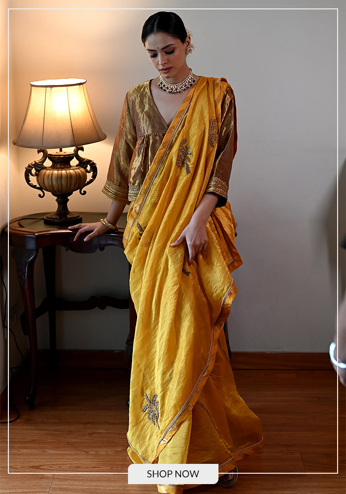 Butti embroidered yellow saree