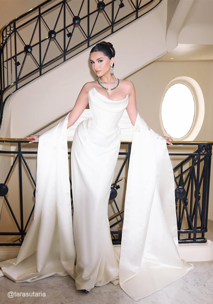 Tara Sutaria wearing white satin dress with dupatta at Cannes 2026