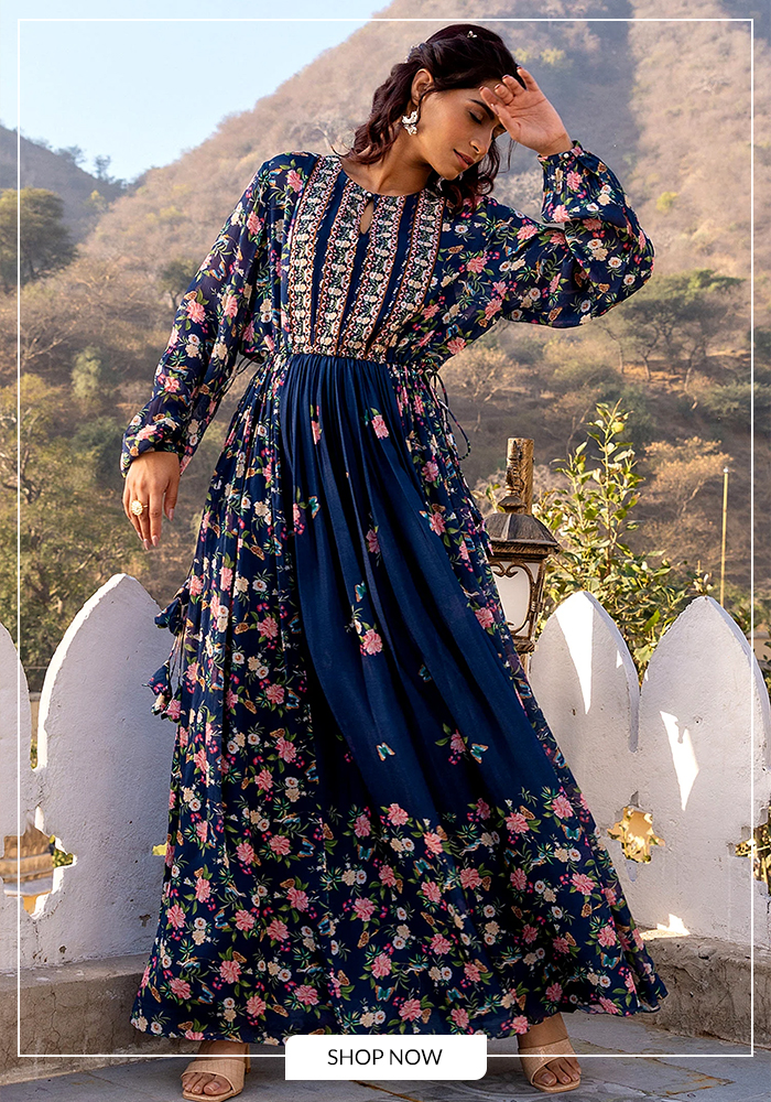 Botanical print blue maxi dress