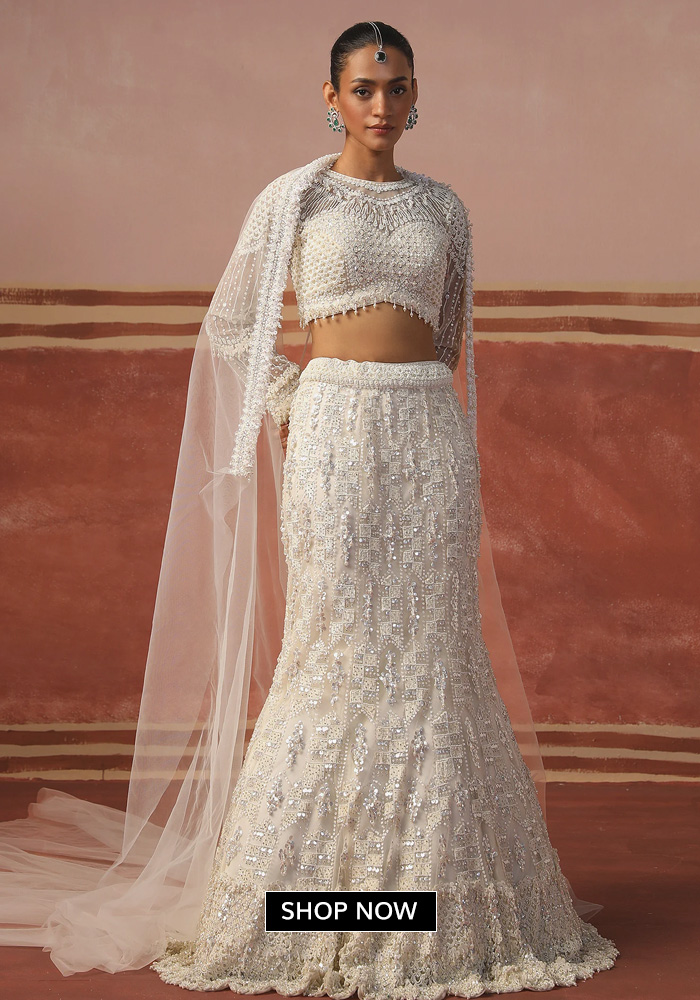 3D pearl embroidered fishcut lehenga Sabe