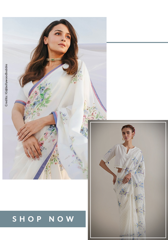 Alia Bhatt wearing white floral print saree