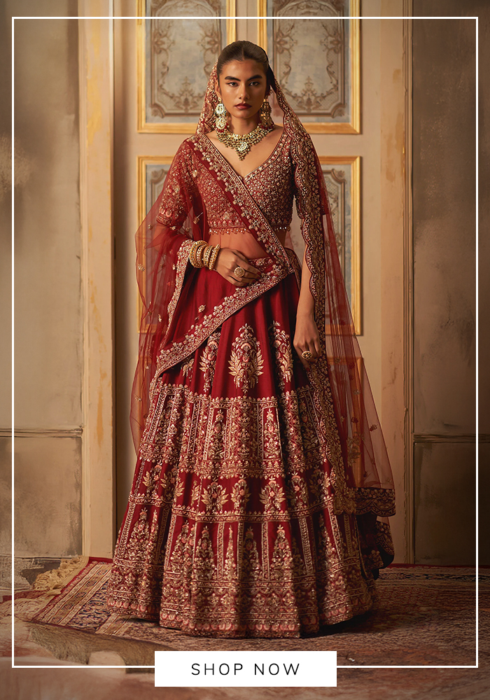 Angad Singh maroon embroidered bridal lehenga