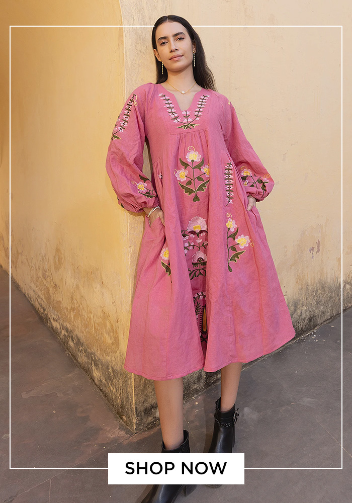 Asrumo pink hand embroidered midi dress