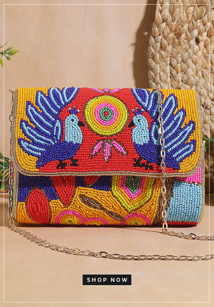 Beaded peacock and geometric flap bag
