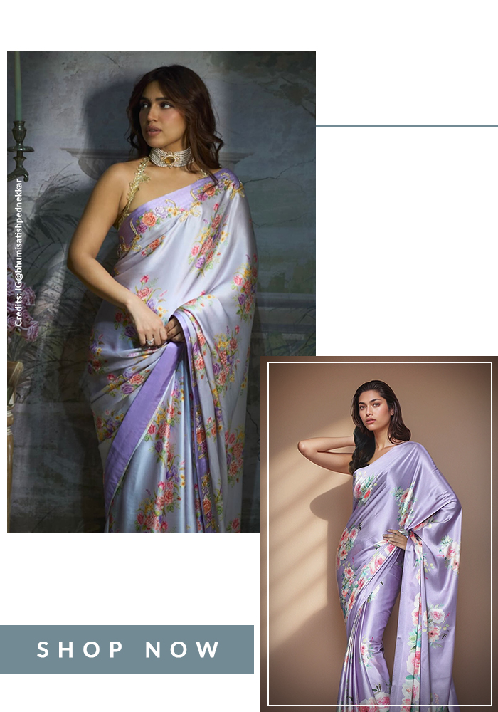 Bhumi Pednekar wearing blue satin floral saree
