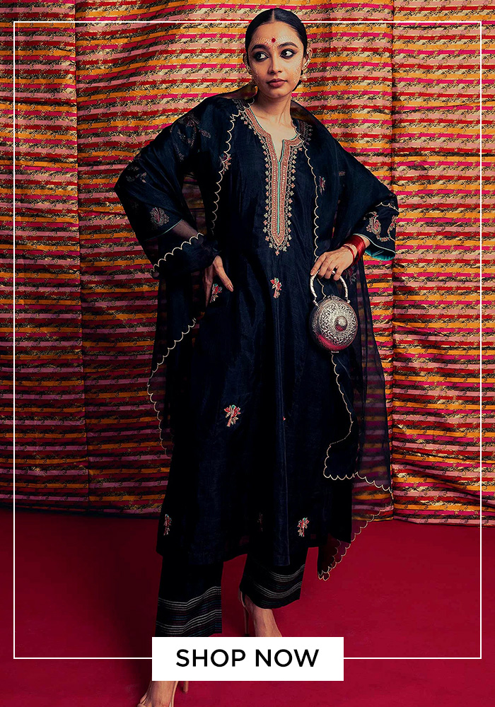 Black silk embroidered kurta set