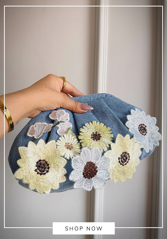 Boxwish 3D floral applique denim clutch bah