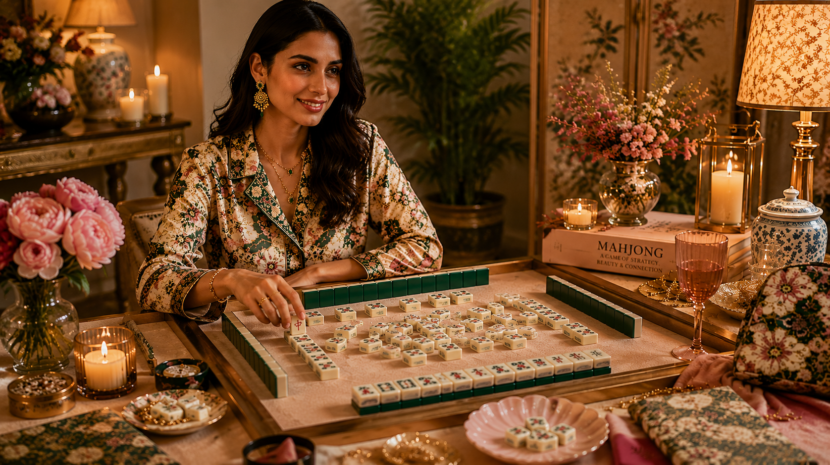 Woman in a floral designer co-ord set playing Mahjong at an elegant candlelit table with luxury décor and statement jewellery.