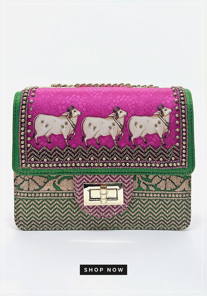 Cow print and woven sling bag