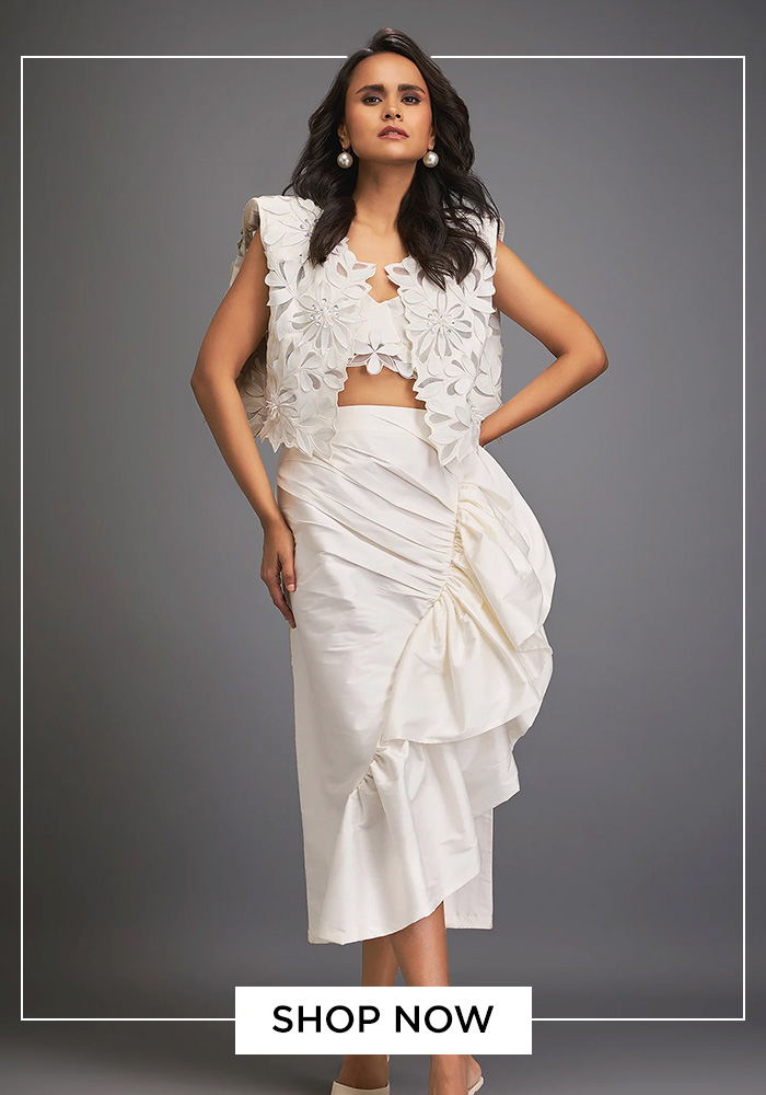 Deepika Arora white floral applique jacket and ruched skirt set