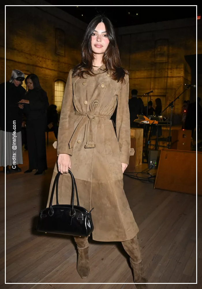 Emily Rajatowsky in suede trench coat