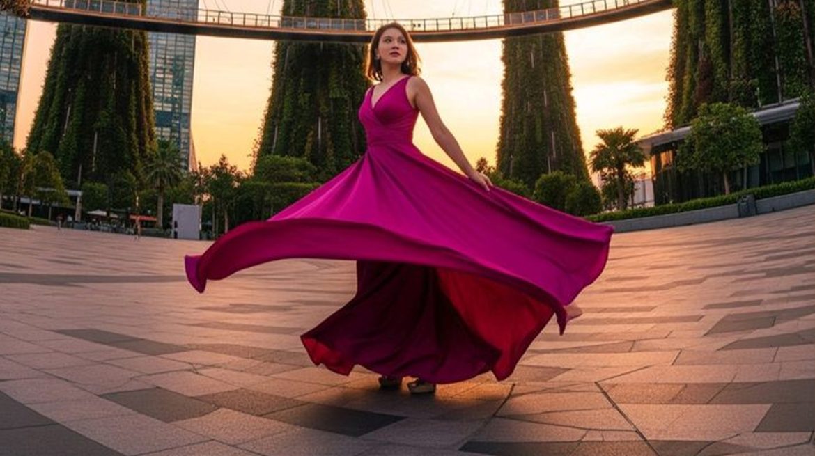 Woman wearing maxi dress at Sentosa Island
