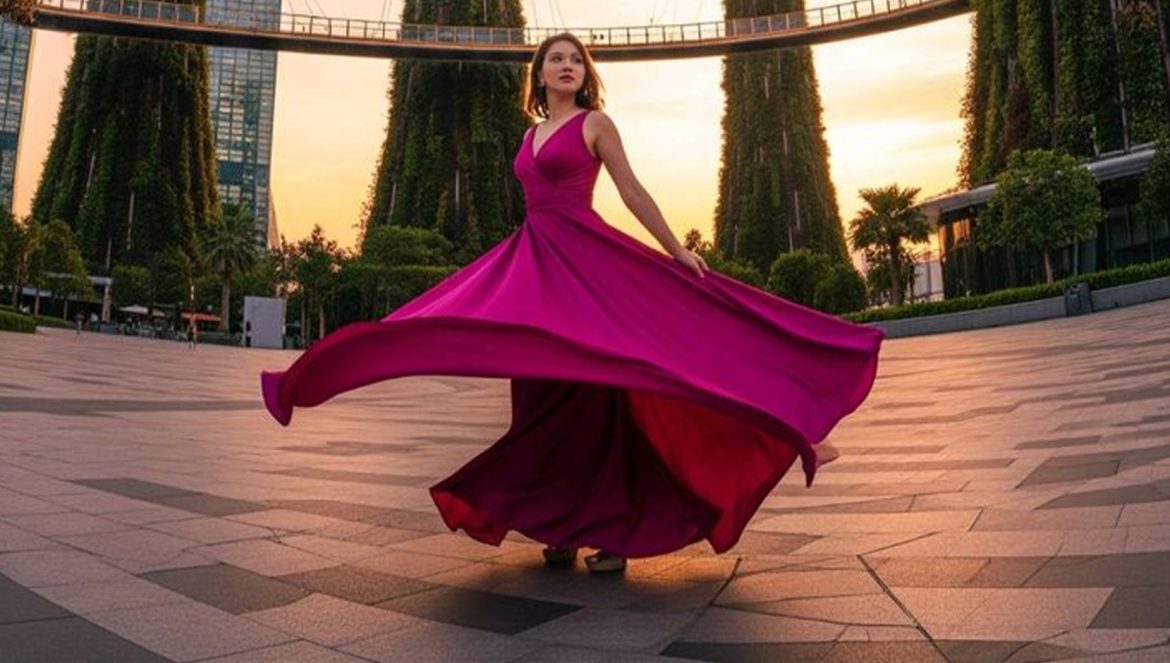 Woman wearing maxi dress at Sentosa Island