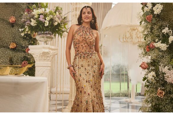 Woman wearing modern gown for sagai