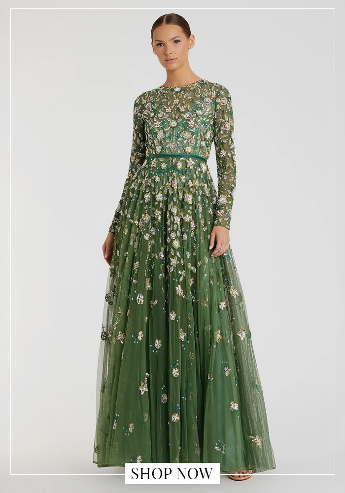 Flower embellished green gown