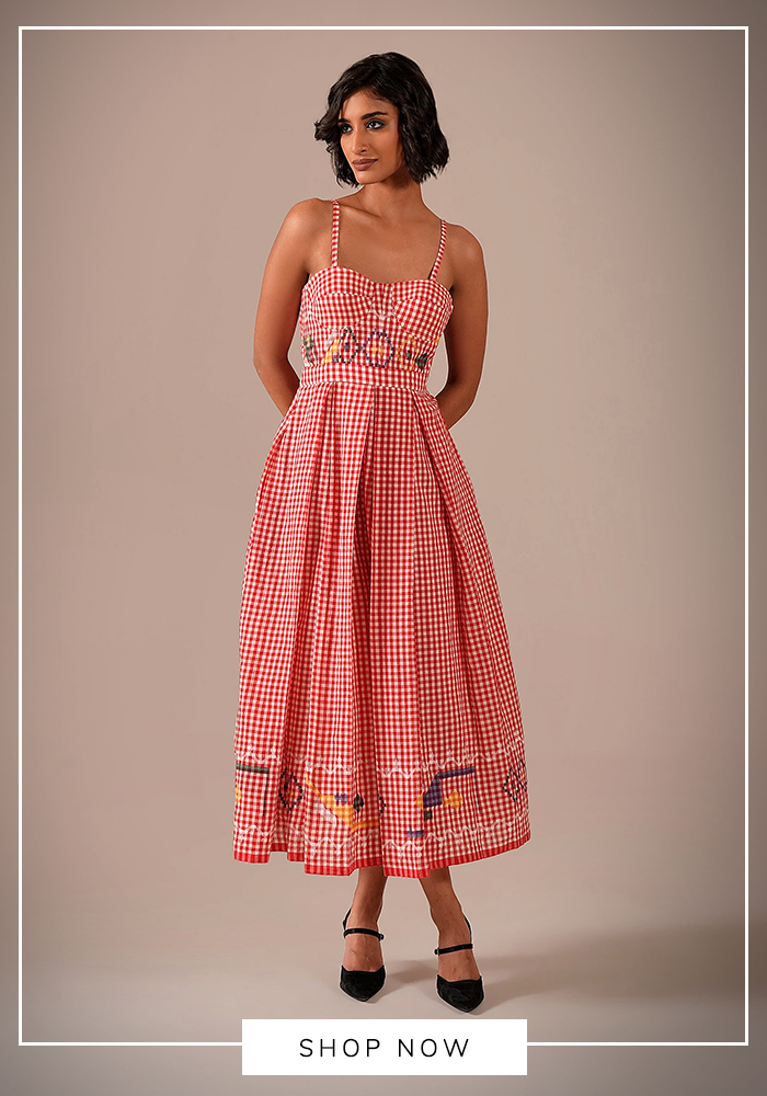 Gingham patterned jamdani dress