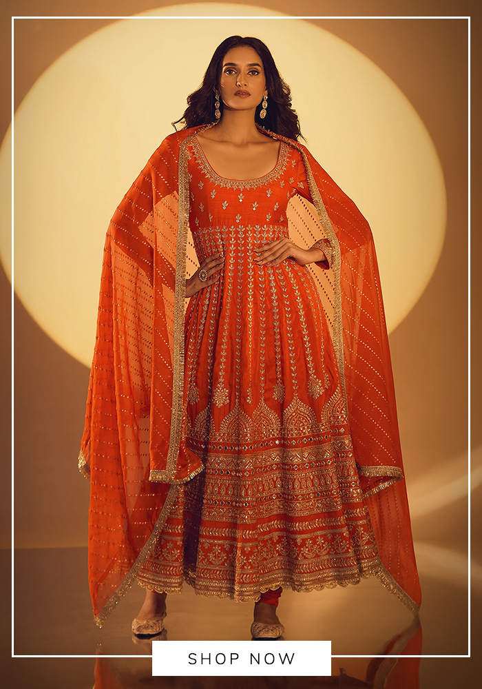 Gopi Vaid zardozi embroidered orange anarkali set