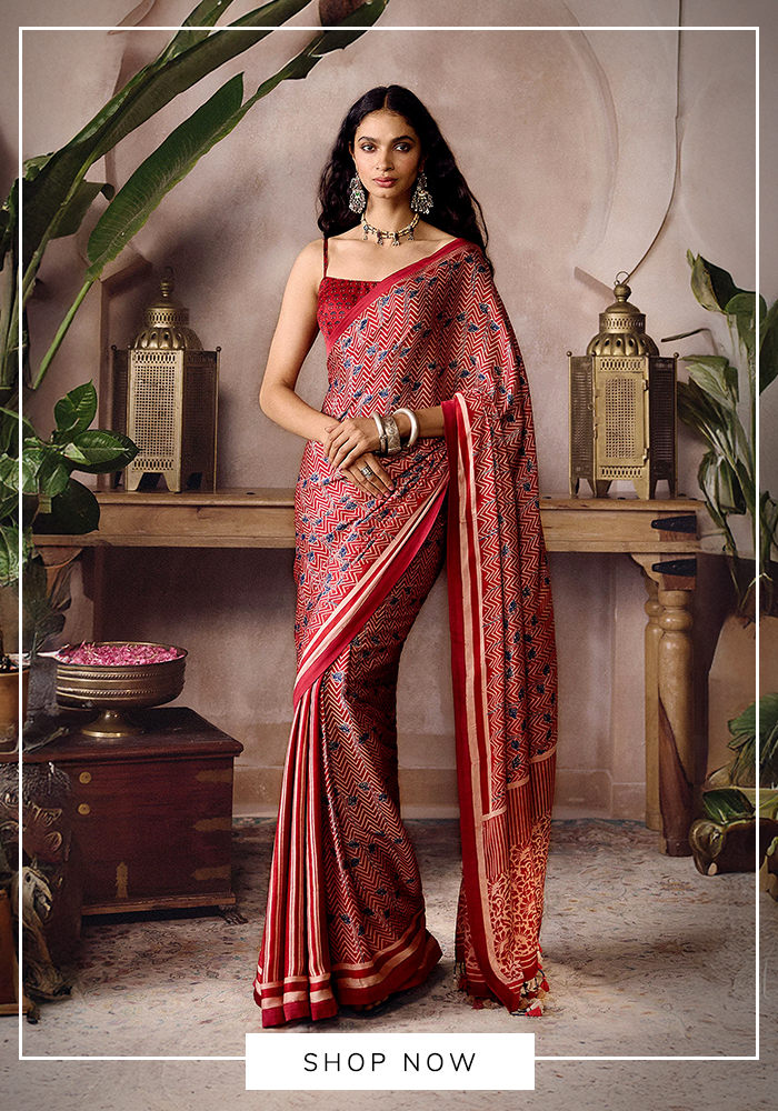 Grassroots by Anita Dongre red ajrakh printed saree