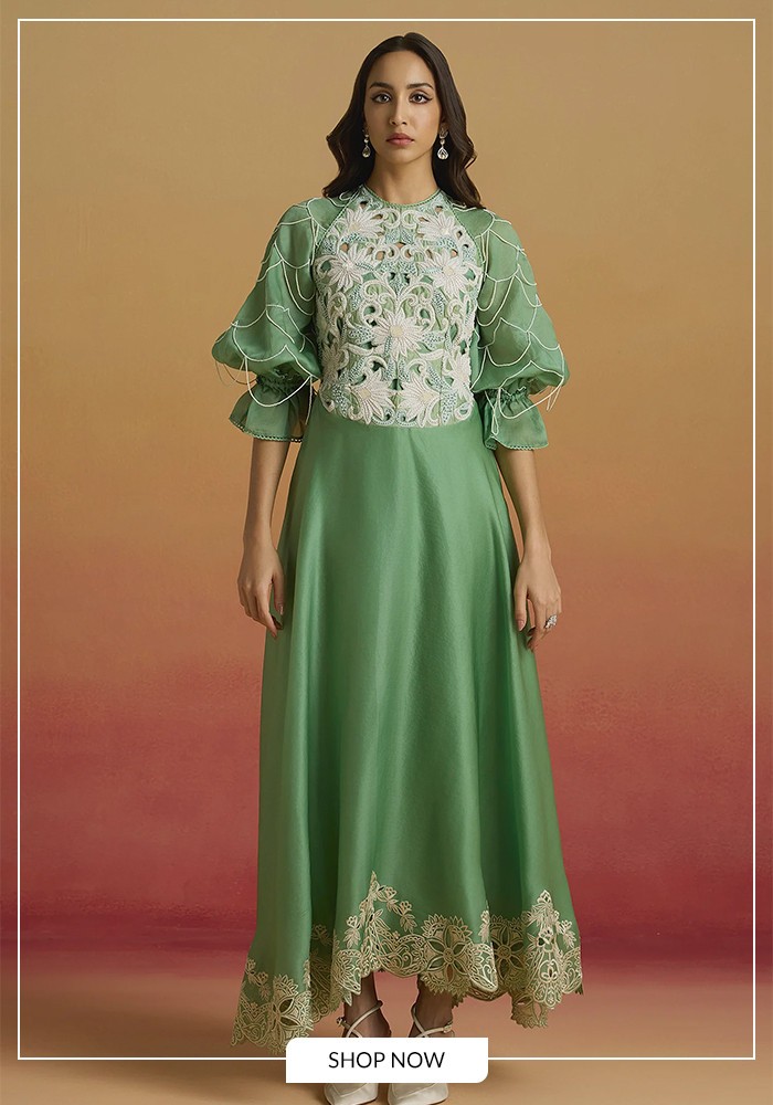 Green cotton embroidered flounce dress