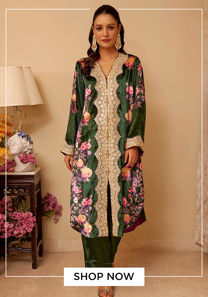 Green velvet embroidered kurta set