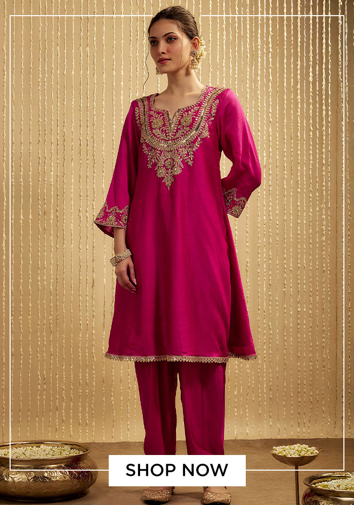 Hot pink silk chanderi kurta set