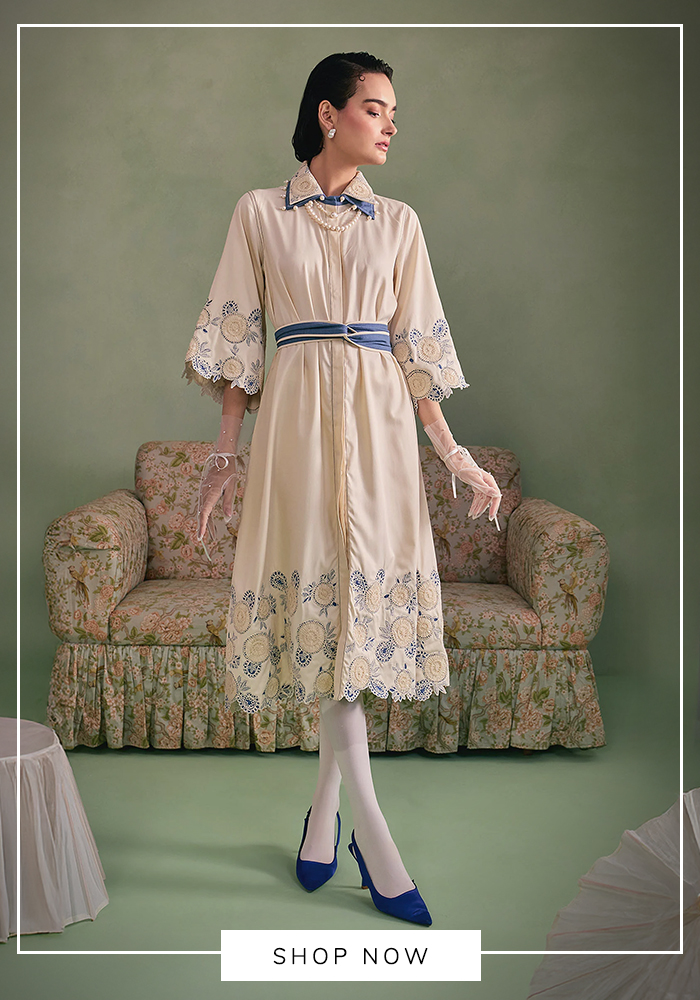 Ivory cotton twill midi shirt dress