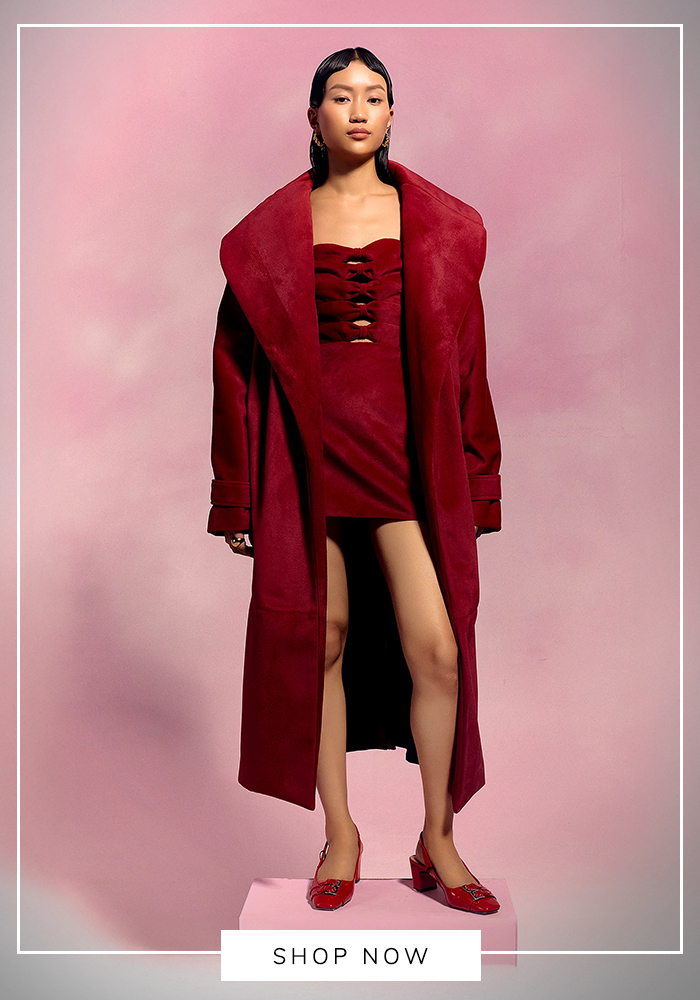 July Issue red suede dress and trench jacket