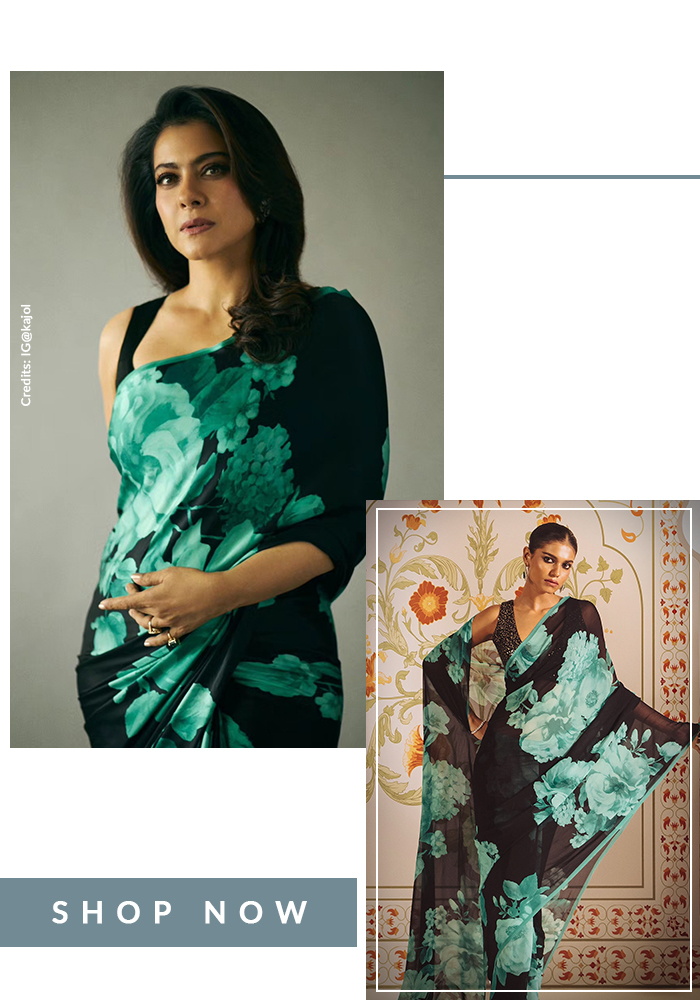 Kajol wearing black cluster printed floral saree