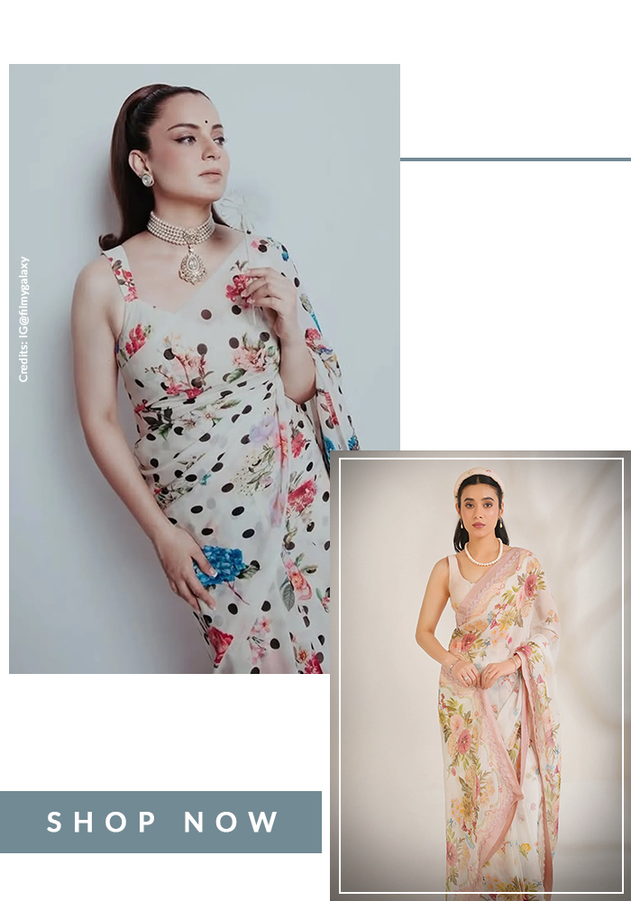 Kangana Ranaut wearing white floral print and polka dot saree