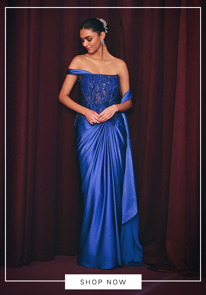 Label Moni K off-shoulder corset and draped skirt set for sagaai