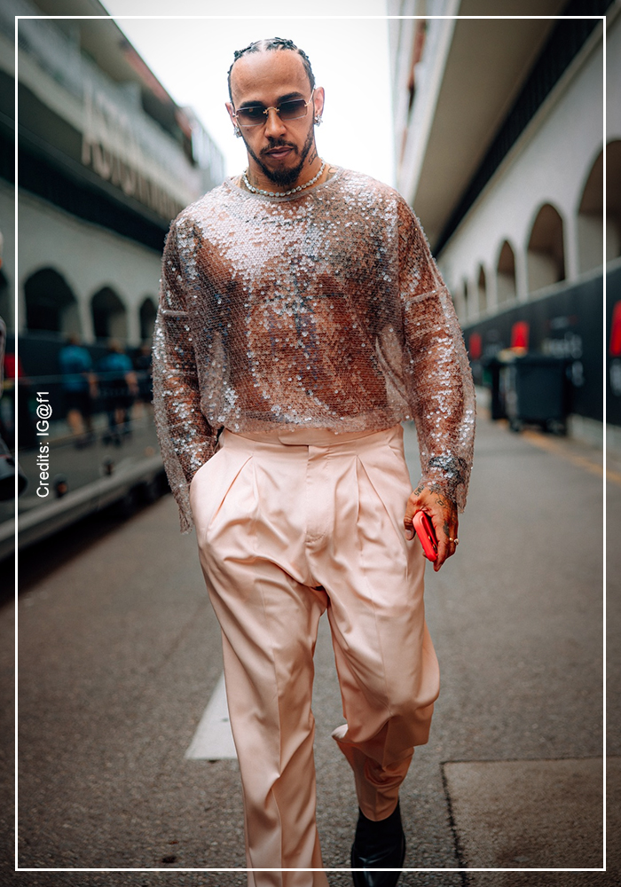 Lewis Hamilton in sequin shirt at Grand Prix 1