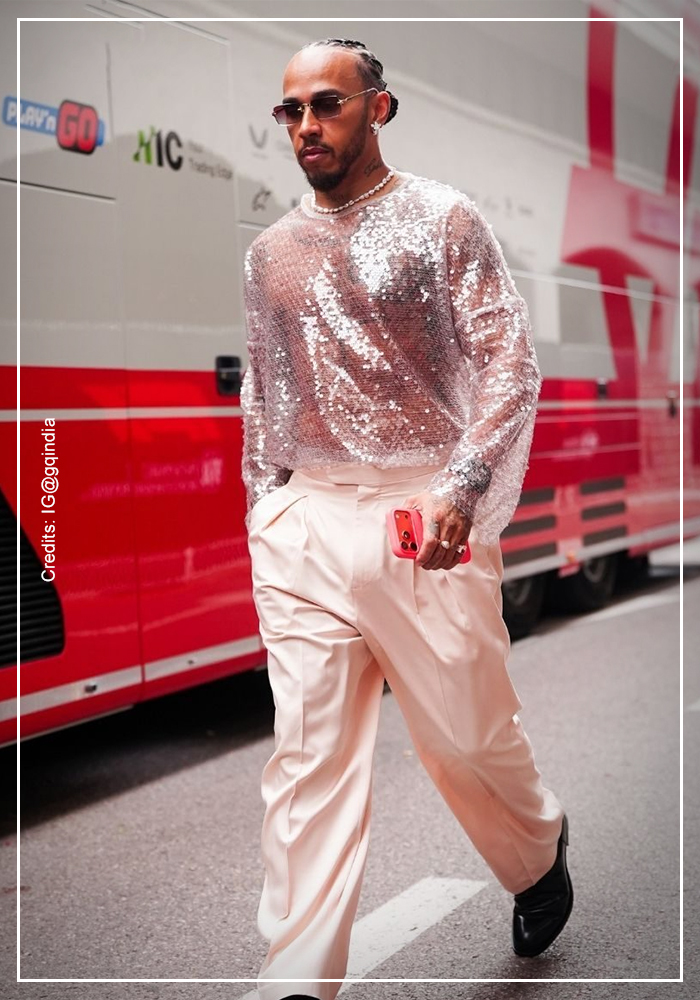 Lewis Hamilton wearing sheer sequin shirt at Grand Prix 1
