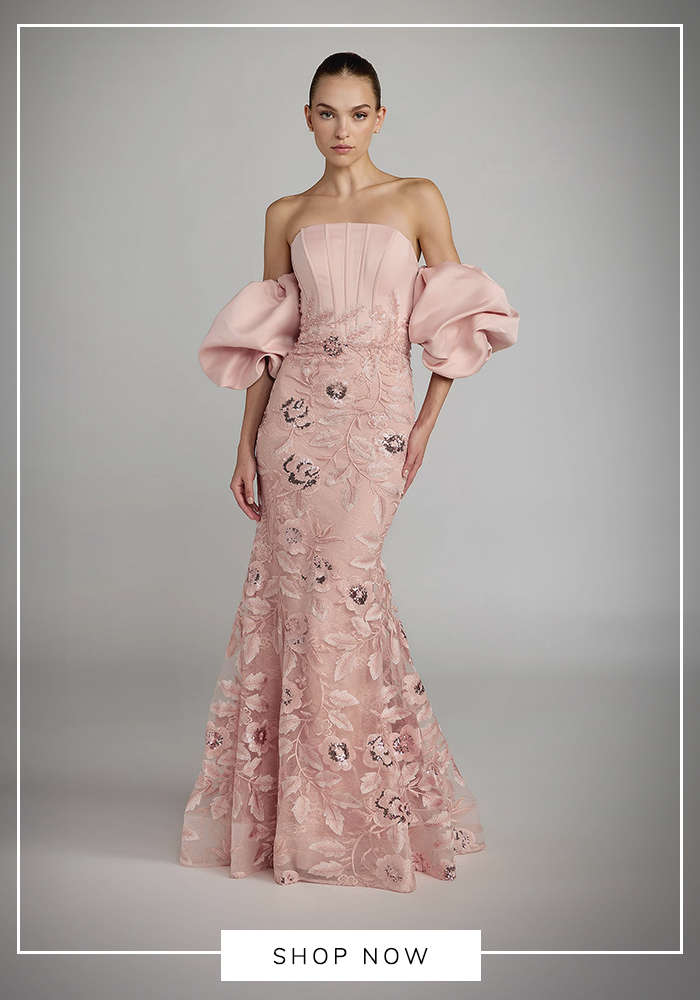 Mac Duggal puff-sleeve embroidered gown