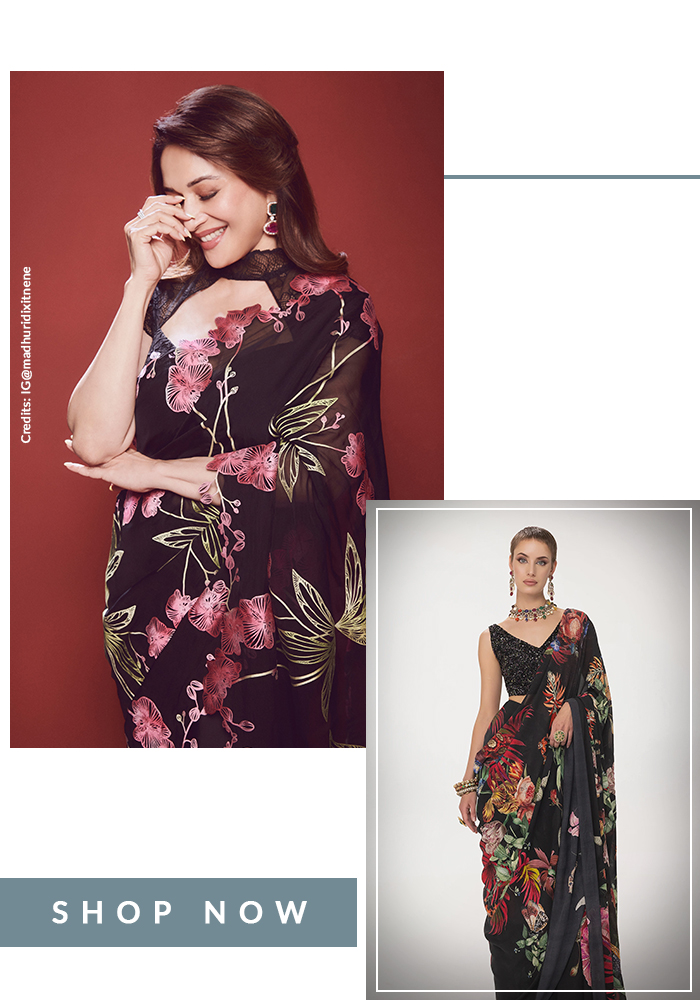 Madhuri Dixit in black floral printed saree