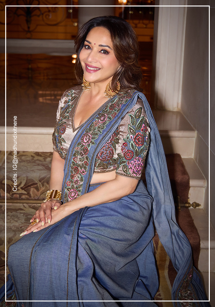 Madhuri Dixit wearing denim saree by Mayyur Girotra