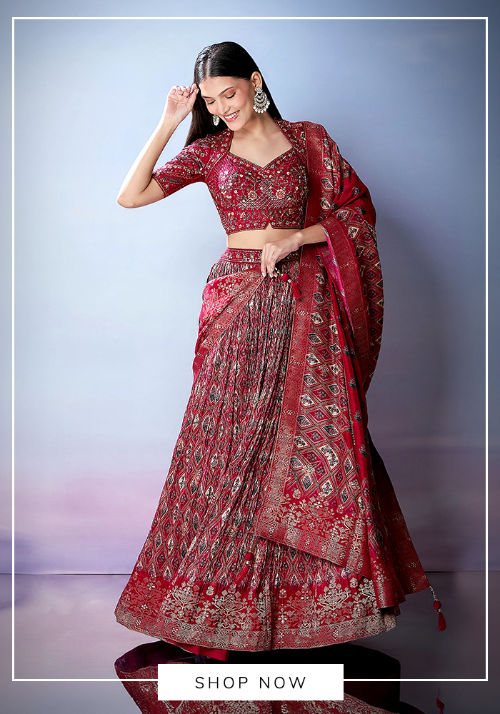 Mirror and resham embroidered maroon lehenga set