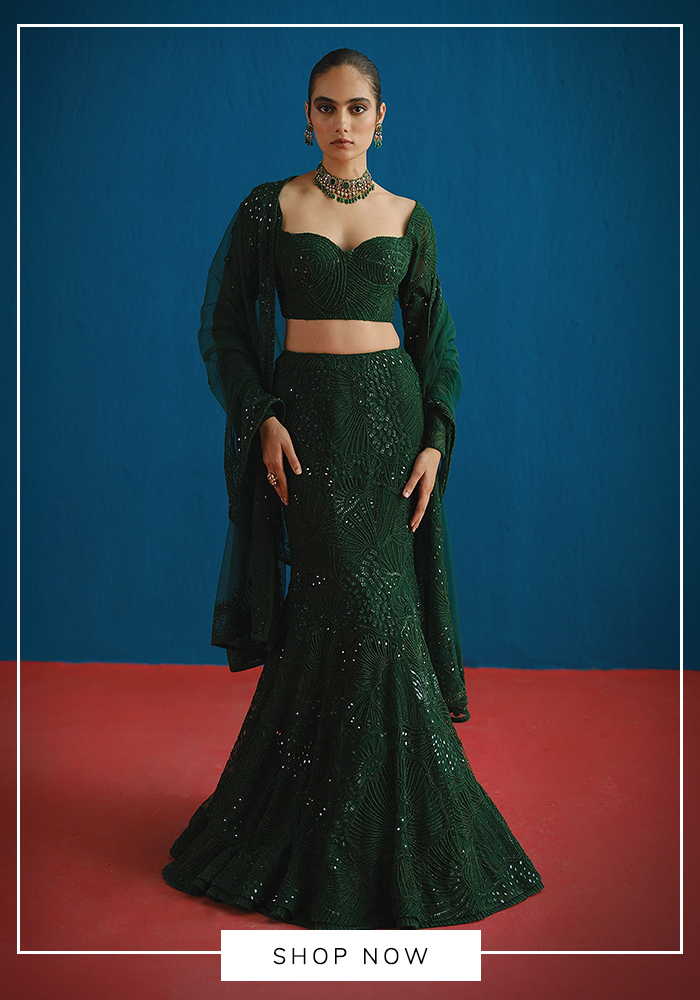 Mishru dark green tulle three piece set for sagai