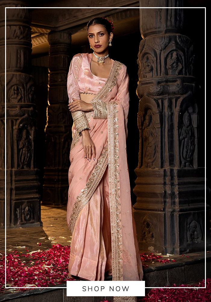Monk and Mei pink embellished saree for Vat Savitri Puja