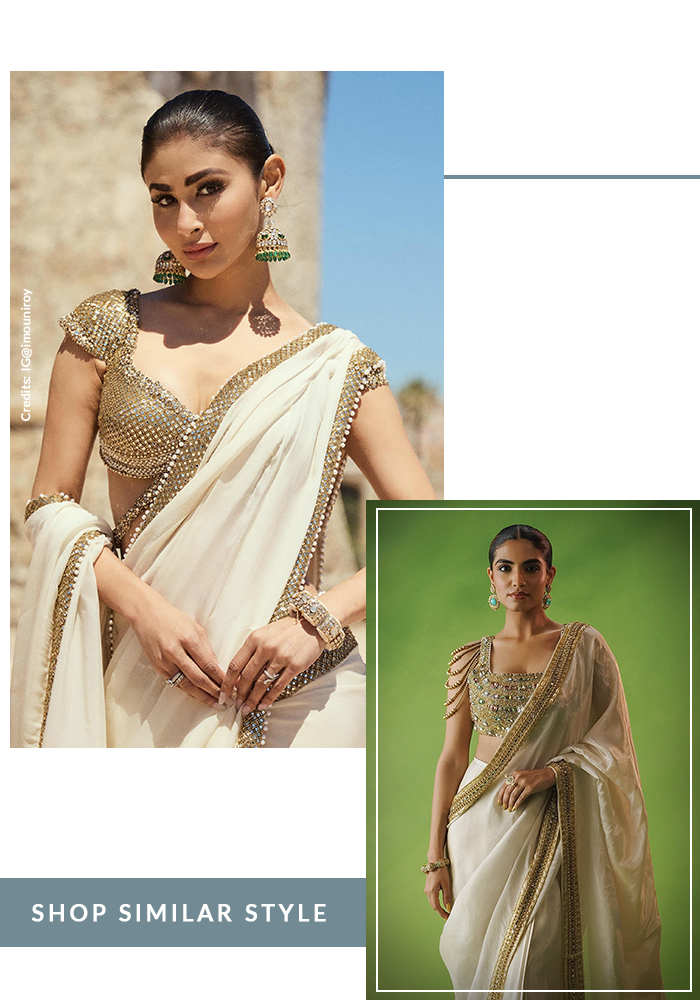 Mouni Roy in white zardozi embroidered saree