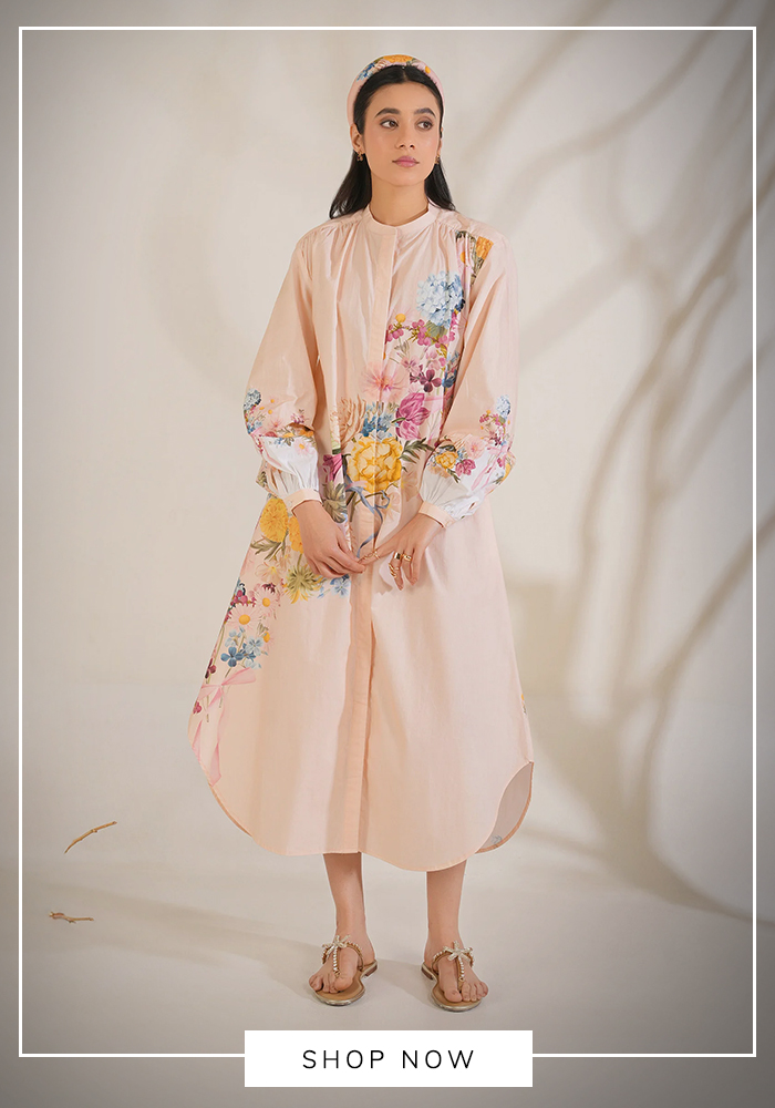 Peach poplin midi shirt dress