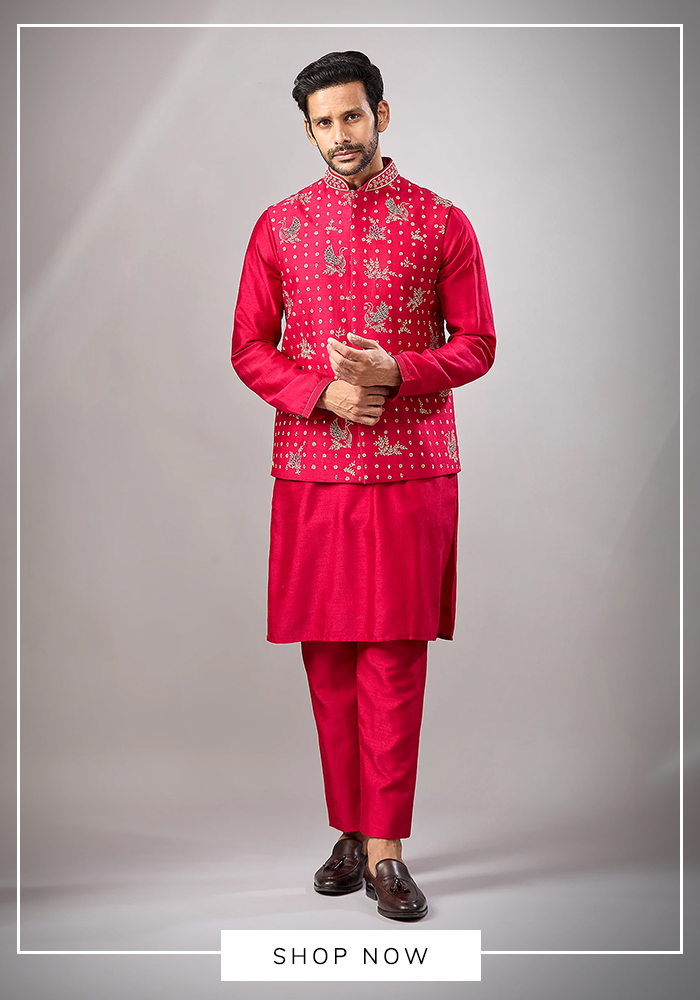 Red Mirror-Embroidered Bundi Kurta Set