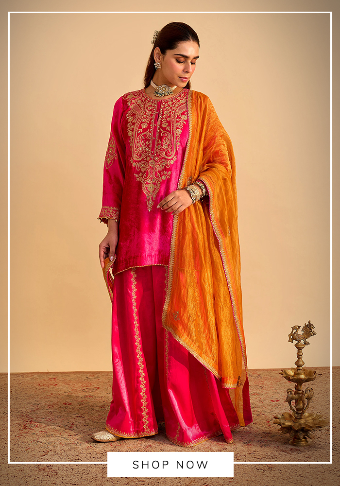 Pink kurta sharara set with dupatta for Vat Savitri puja