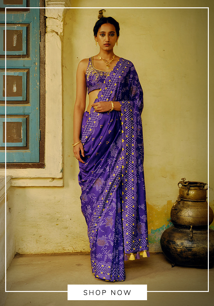 Purple bandhani print saree for Vat Savitri puja