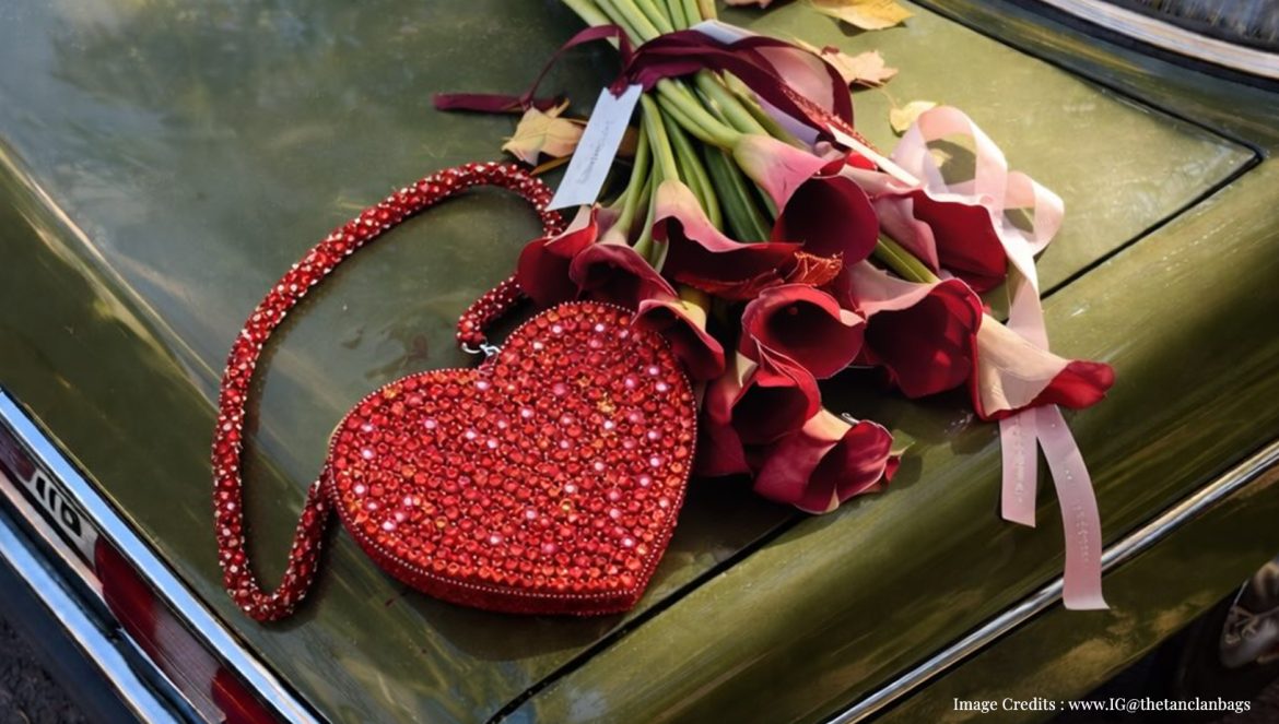 Red beaded heart shaped bag