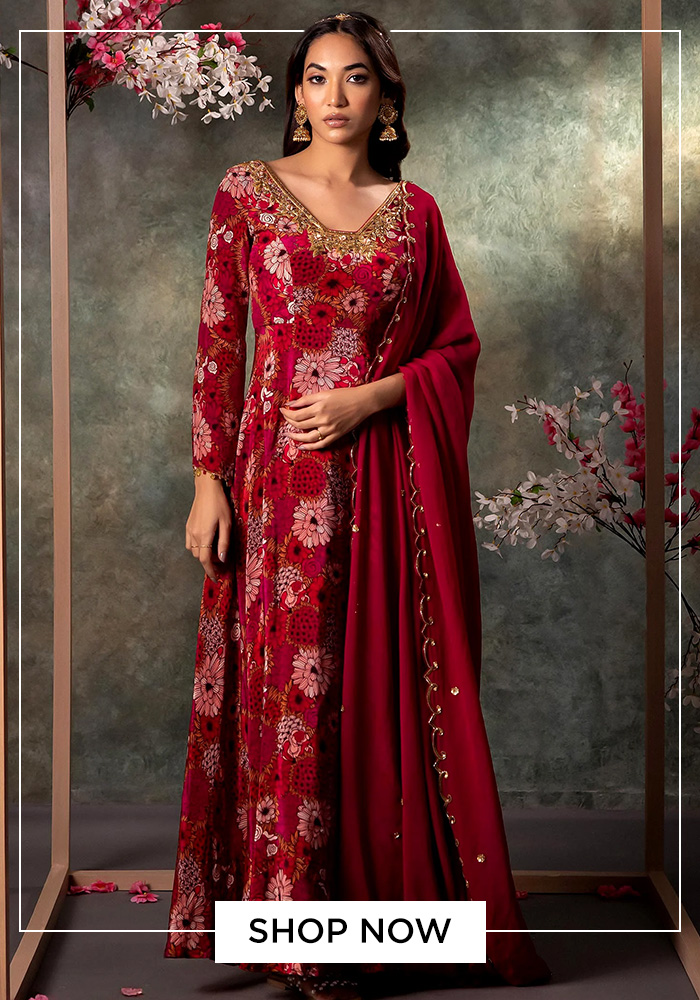 Red garden print anarkali set