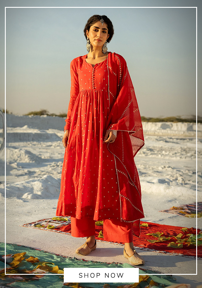 Red mulmul anarkali set