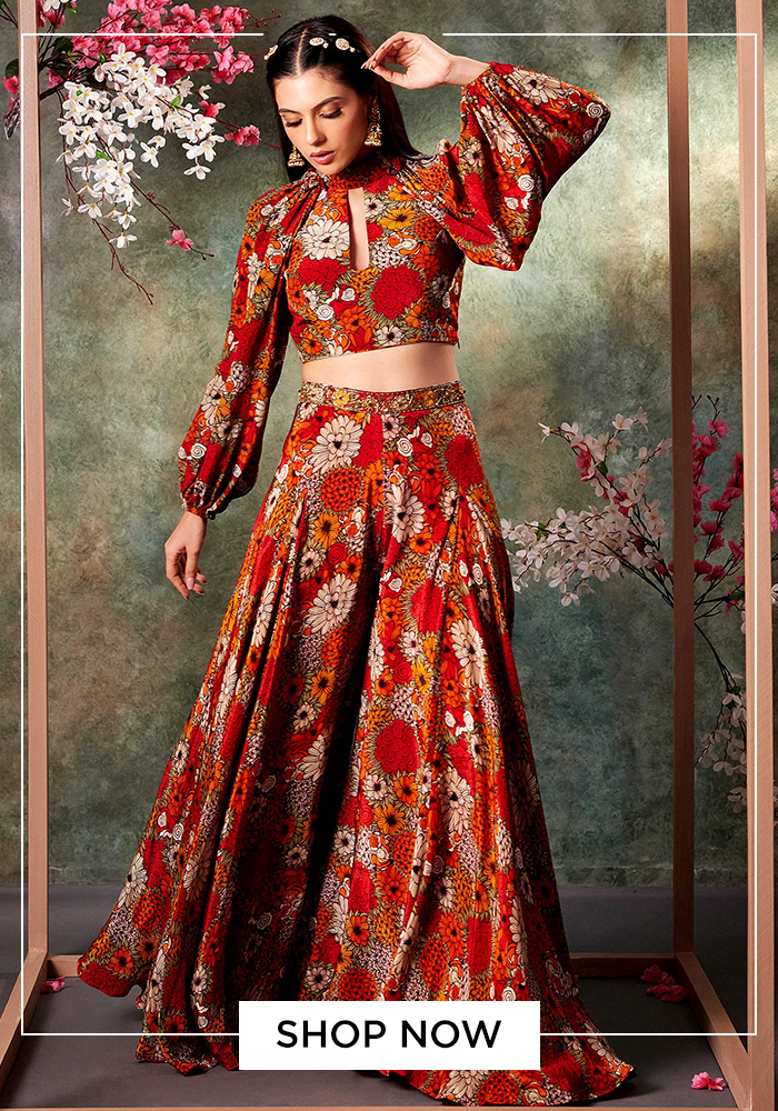 Red printed crop top and flared pant set