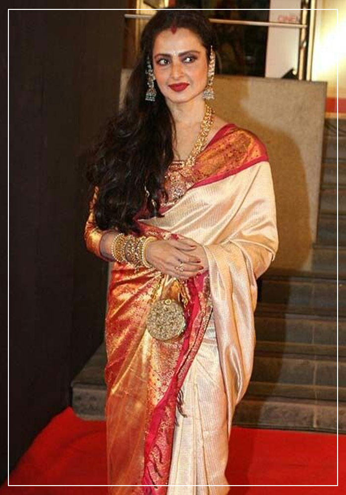 Rekha in red and white silk kanjeevaram saree
