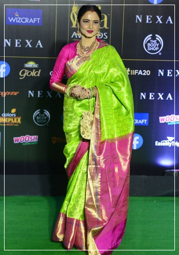 Rekha ji wearing green and purple kanjeevaram saree